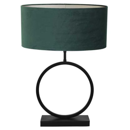 An Image of Matt Black Circular Table Lamp Green Velvet Shade