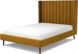 An Image of Cory Double Bed, Dijon Yellow Cotton Velvet with Walnut Stained Oak Legs