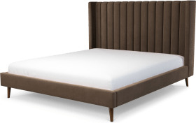 An Image of Cory Super King Size Bed, Mushroom Taupe Cotton Velvet with Walnut Stained Oak Legs