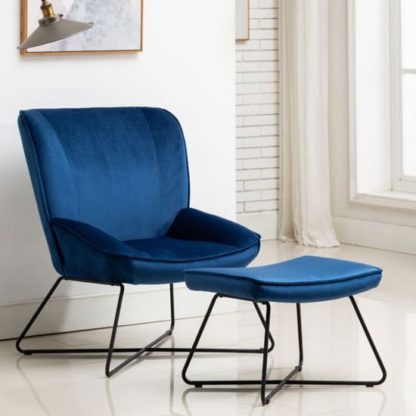 08797b9b3d3505da7c26f53622b34ea2f533d7f7c15db603c046a5bad6e24d1d.jpg An Image of Teagan Velvet Upholstered Accent Chair In Blue With Footstool