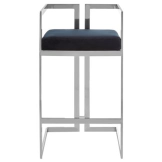 An Image of Azaltro Velvet Bar Stool In Black With Silver Metalframe