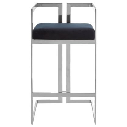 An Image of Azaltro Velvet Bar Stool In Black With Silver Metalframe