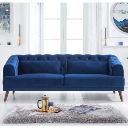 An Image of Destone Velvet Upholstered 3 Seater Sofa In Blue