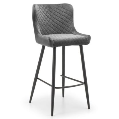 103fb70c9a6d99d341ddfc802fef982250f2e21dc1cdcdc13a0f96497e5fccc7.jpg An Image of Luxe Velvet Upholstered Bar Stool In Grey With Black Legs