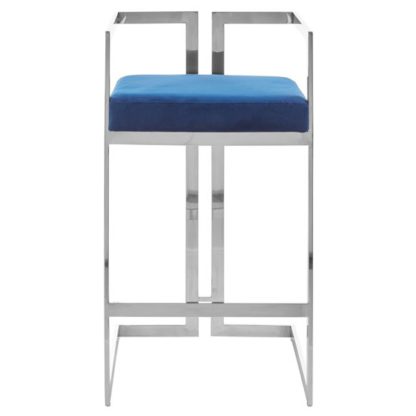 An Image of Azaltro Velvet Bar Stool In Blue With Silver Metalframe