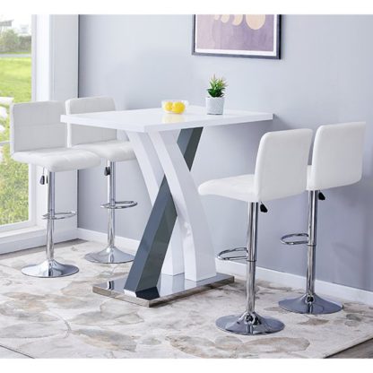 An Image of Axara Gloss Bar Table In White Grey With 4 Coco White Stools