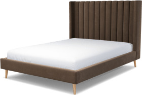 An Image of Cory King Size Bed, Mushroom Taupe Cotton Velvet with Oak Legs