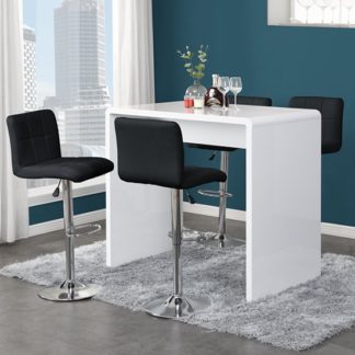 An Image of Glacier Gloss Bar Table In White With 4 Coco Black Bar Stools