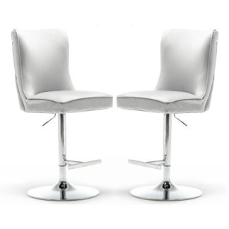 An Image of Belkon Light Grey Velvet Upholstered Gas-Lift Bar Chairs In Pair