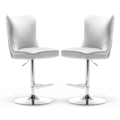 An Image of Belkon Light Grey Velvet Upholstered Gas-Lift Bar Chairs In Pair
