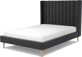 An Image of Cory Double Bed, Ashen Grey Cotton Velvet with Oak Legs