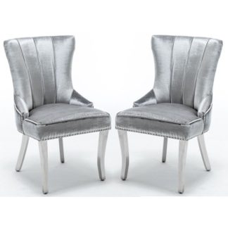 An Image of Monten Lion Knocker Shimmer Grey Velvet Dining Chairs In Pair