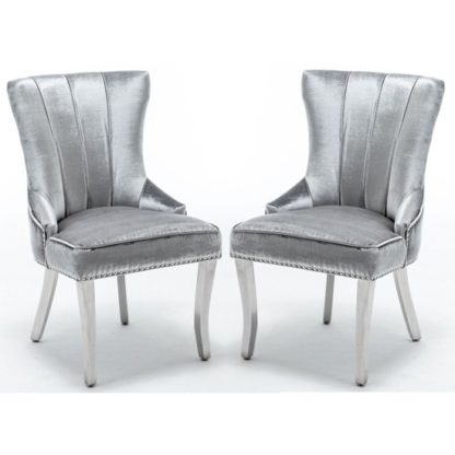 An Image of Monten Lion Knocker Shimmer Grey Velvet Dining Chairs In Pair