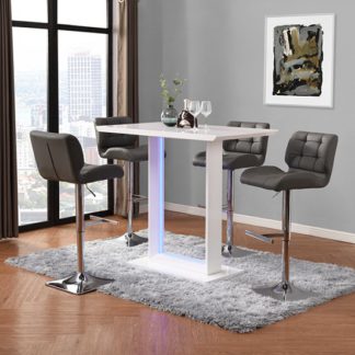 An Image of Atlantis LED White Gloss Bar Table And 4 Candid Grey Stools