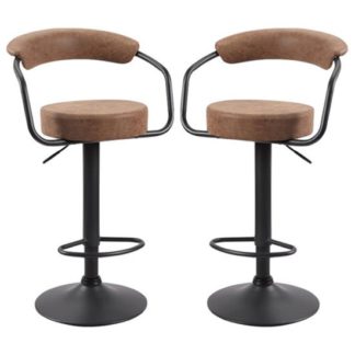 An Image of Hanna Brown Leather Bar Stools With Black Base In A Pair