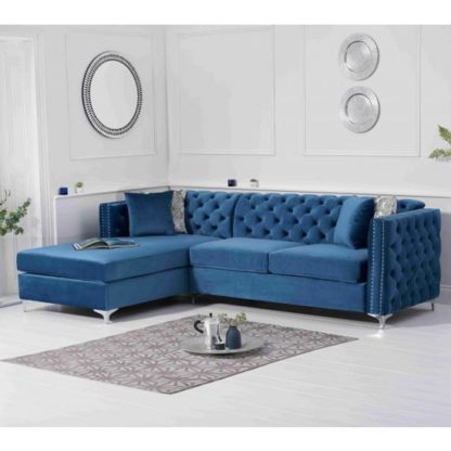 2da1680c29c895ce95e8c90fac8a34ae3fc6e8fbd42084e2c8b05e6c1c649c8a.jpg An Image of Maxo Velvet Upholstered Left Handed Chaise Corner Sofa In Blue