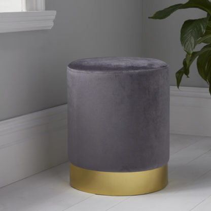 An Image of Beverly Round Velvet Stool In Grey And Gold