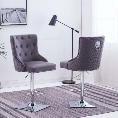 An Image of Chelsi Dark Grey Velvet Upholstered Gas-Lift Bar Chairs In Pair