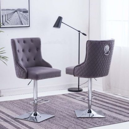 2f13c55d622fc700e2a61aab99b6dc2002fbc8d0bfe471b13e1e6fa95fdfa0ce.jpg An Image of Chelsi Dark Grey Velvet Upholstered Gas-Lift Bar Chairs In Pair