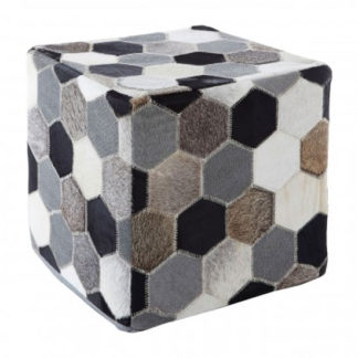 An Image of Safire Leather Patchwork Pouffe In Black And Grey