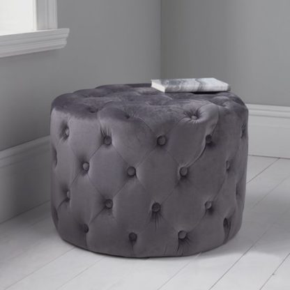 An Image of Brea Round Tufted Velvet Pouffe In Grey
