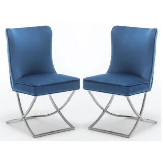 An Image of Baltec Blue Velvet Upholstered Dining Chair In Pair