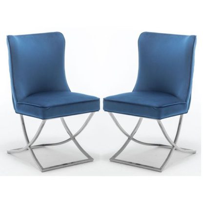 An Image of Baltec Blue Velvet Upholstered Dining Chair In Pair