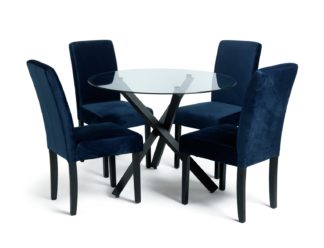 An Image of Habitat Ava Glass Dining Table & 4 Velvet Chairs - Navy