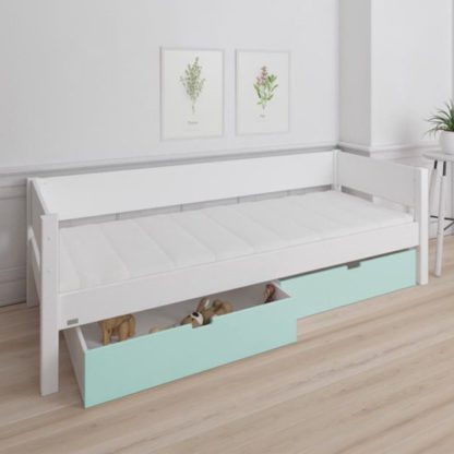 36f71c969f873388396d3af562be5059e16f7540e22cb4d90cf5944f6bf91b7b.jpg An Image of Morden Kids Wooden Day Bed In White With Azur Mint Drawers