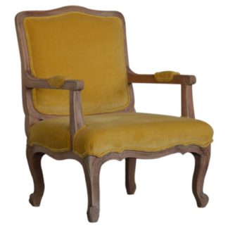 An Image of Rarer Velvet French Style Accent Chair In Mustard And Sunbleach
