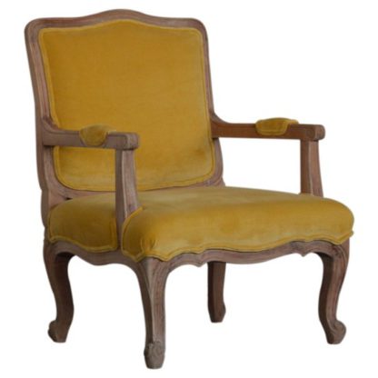 380d0b389f2d739213ea389de04f772410a8350e4824a717990a05674aa92408.jpg An Image of Rarer Velvet French Style Accent Chair In Mustard And Sunbleach