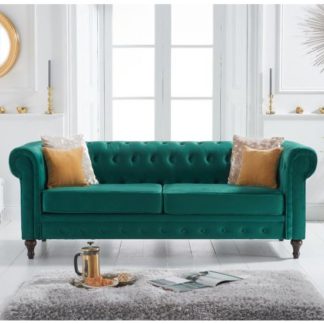 An Image of Chilloe Velvet Upholstered 3 Seater Sofa In Green