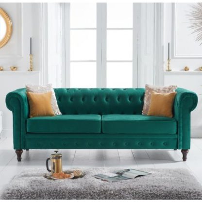 3b50c30ba64cb9b85e875239eef263717f895039e8baad35c9cc61a587d76349.jpg An Image of Chilloe Velvet Upholstered 3 Seater Sofa In Green
