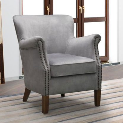 An Image of Harlow Velvet Upholstered Vintage Armchair In Pewter Grey