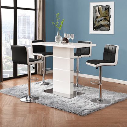 3ce291a737977fd03c16e9749c82a19d8bbb7e958f30d430b6a1a6b99ef5bbc1.jpg An Image of Parini Gloss Bar Table In White With 4 Copez Black White Stools