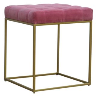 An Image of Nutty Velvet Square Footstool In Pink With Gold Base