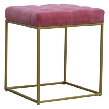 An Image of Nutty Velvet Square Footstool In Pink With Gold Base
