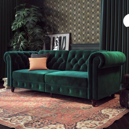 An Image of Felix Chesterfield Velvet Upholstered Sofa Bed In Green
