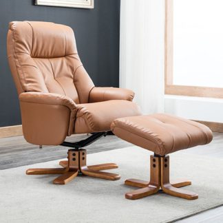 An Image of Dox Plush Swivel Recliner Chair And Footstool In Tan