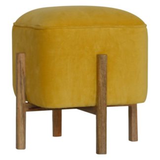 An Image of Clarkia Velvet Footstool In Mustard With Solid Wood Legs