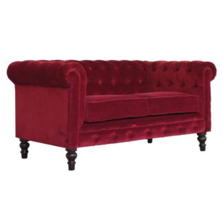 An Image of Aqua Velvet 2 Seater Chesterfield Sofa In Wine Red