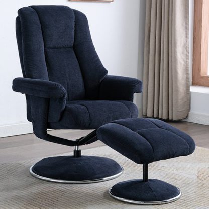 An Image of Dollis Fabric Swivel Recliner Chair And Footstool In Blue