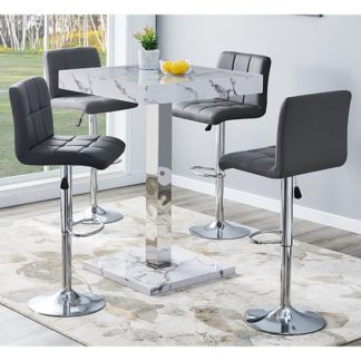 An Image of Topaz Gloss Bar Table In Diva Marble Effect With 4 Coco Grey Bar Stools