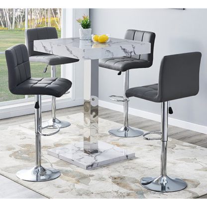 439b3a0e4814f8ede062214600aa1e39c00b610568f5ed342cb40ab0e786141f.jpg An Image of Topaz Gloss Bar Table In Diva Marble Effect With 4 Coco Grey Bar Stools