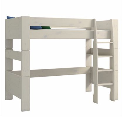 An Image of Pathos Wooden High Sleeper Bed In White Wash With Ladder