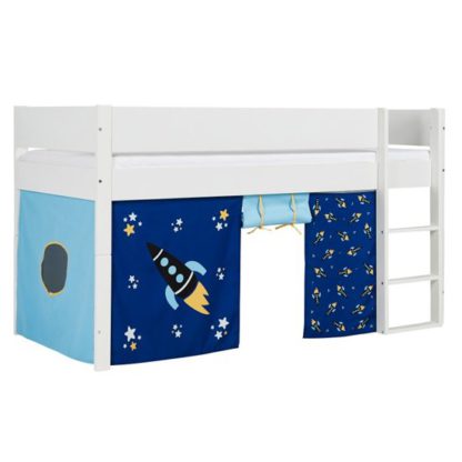 48ab7d81c4c4486bab8c5226d16af302a4b32efcd8ebf602a4be481e8bc0150b.jpg An Image of Huia Kids Mid Sleeper Bunk Bed In White And Blue Rocket Curtain
