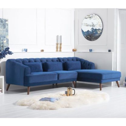 4b44ce0ddd09a72d3dde27860d6fd2b3fba7a1bd7dbf4f15f38822a6ebebfda3.jpg An Image of Destone Velvet Upholstered Right Handed Corner Sofa In Blue
