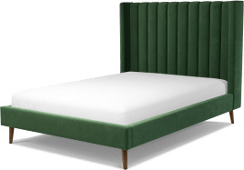 An Image of Cory Double Bed, Lichen Green Cotton Velvet with Walnut Stained Oak Legs