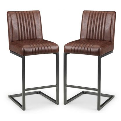 An Image of Amilia Brown Faux Leather Bar Stools With Black Metal Legs In Pair