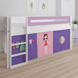 An Image of Morden Kids Mid Sleeper Bed In Dusty Rose With Doll Curtain